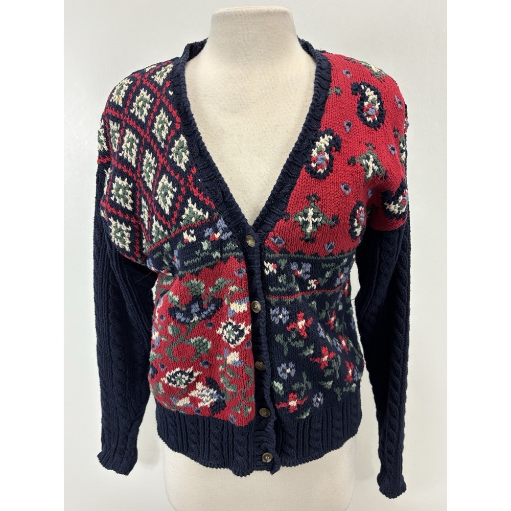 Vtg Talbots Hand knit Cardigan Sweater M Cableknit Paisley Floral Granny 90s